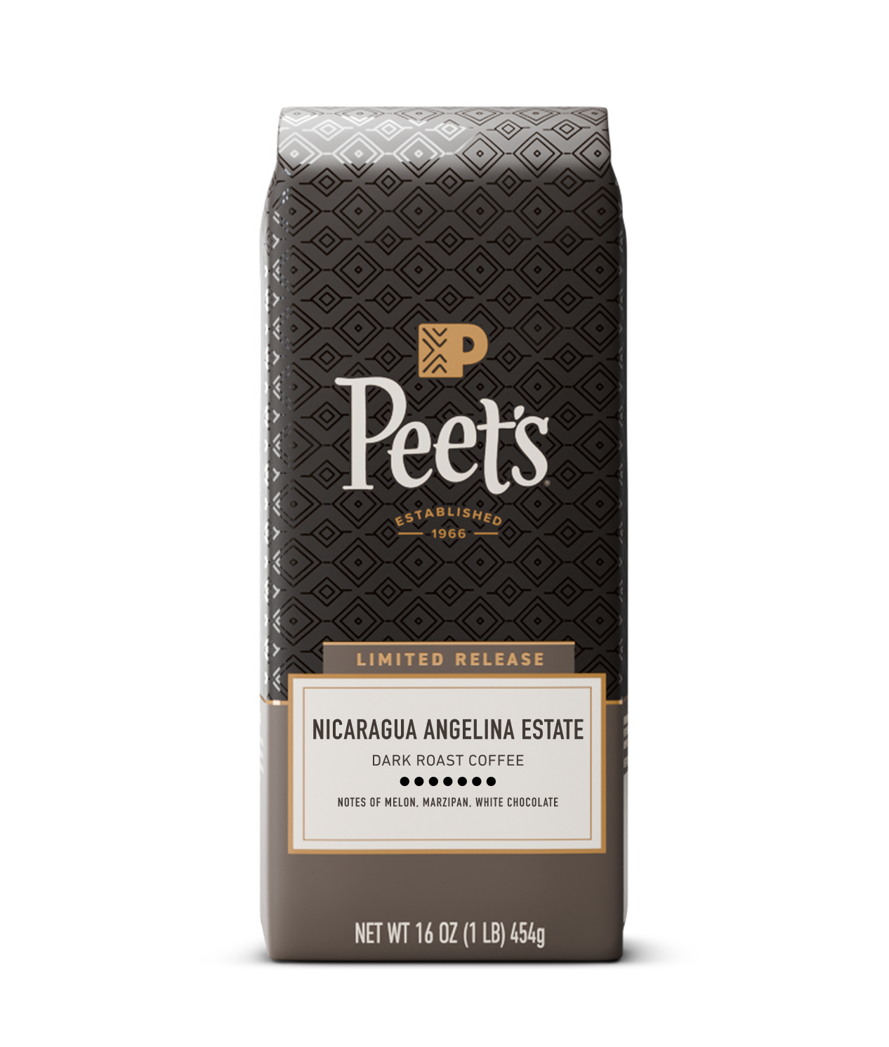 Peet's coffee bag with black pattern on a white background